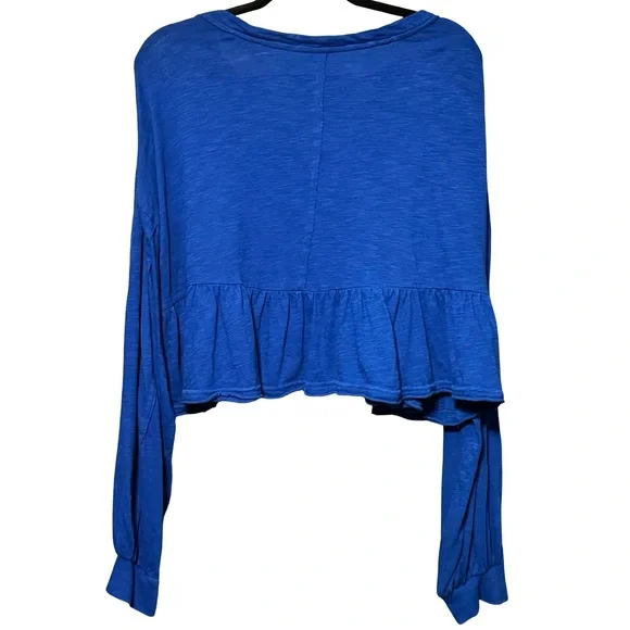 Pilcro | Anthropologie Textured Long Balloon Sleeve Cropped Blue Blouse Top - Picture 5 of 9